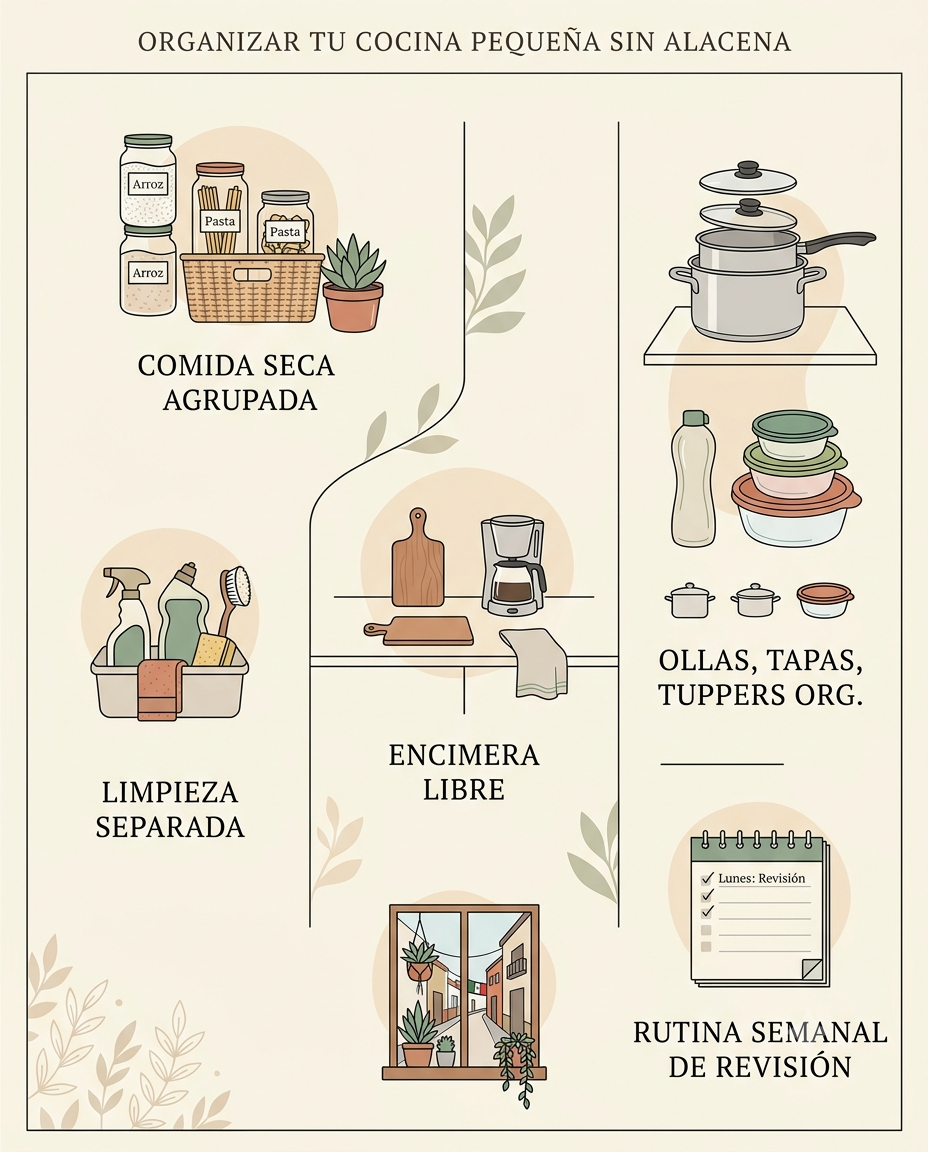 Checklist visual para organizar una cocina pequeña sin alacena