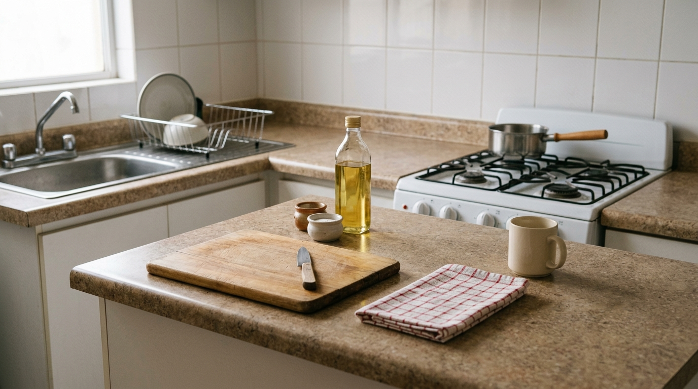 Encimera despejada en una cocina pequeña de departamento