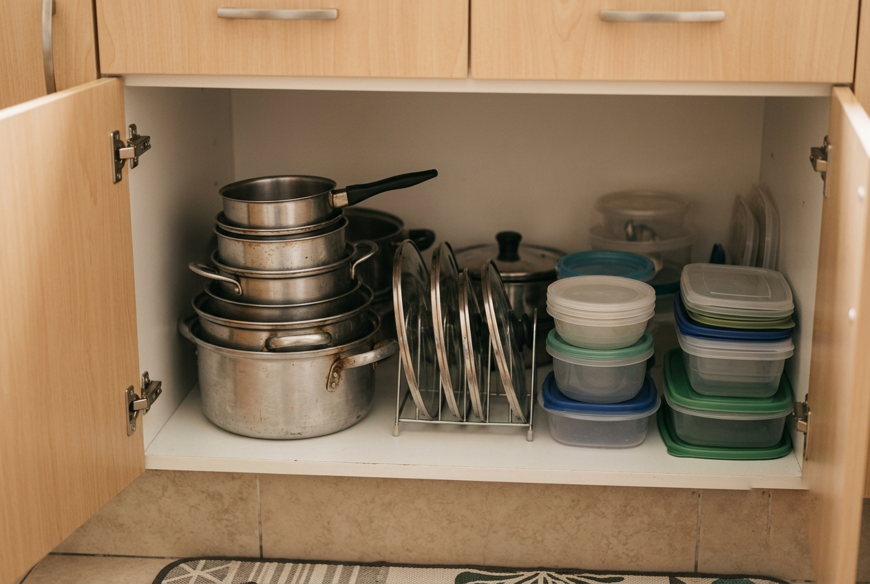 Ollas, tapas y tuppers agrupados en una cocina pequeña