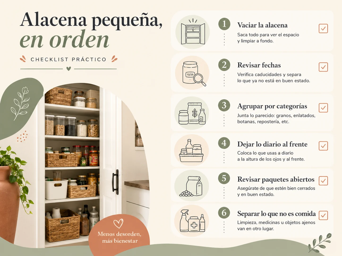 Checklist visual para organizar una alacena pequeña