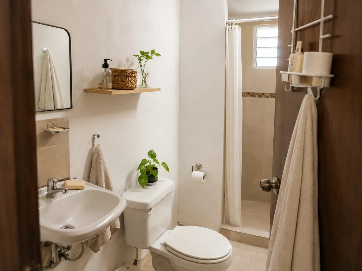 Baño pequeño rentado organizado con pared y puerta sin perforar