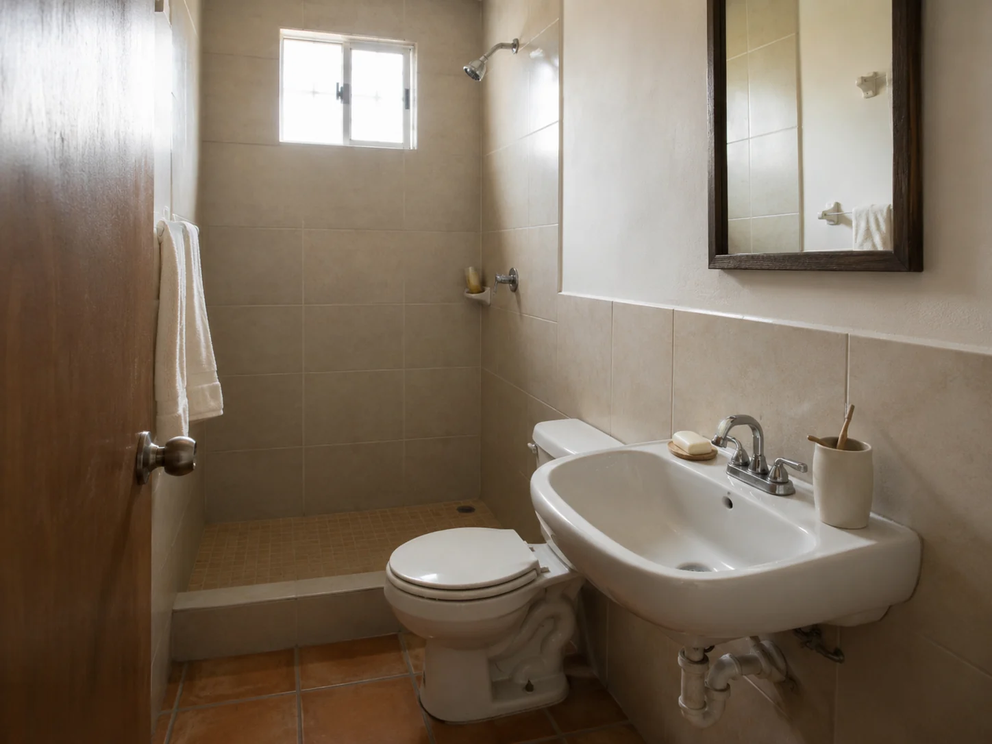 Baño pequeño sin muebles con lavabo despejado y objetos diarios ordenados