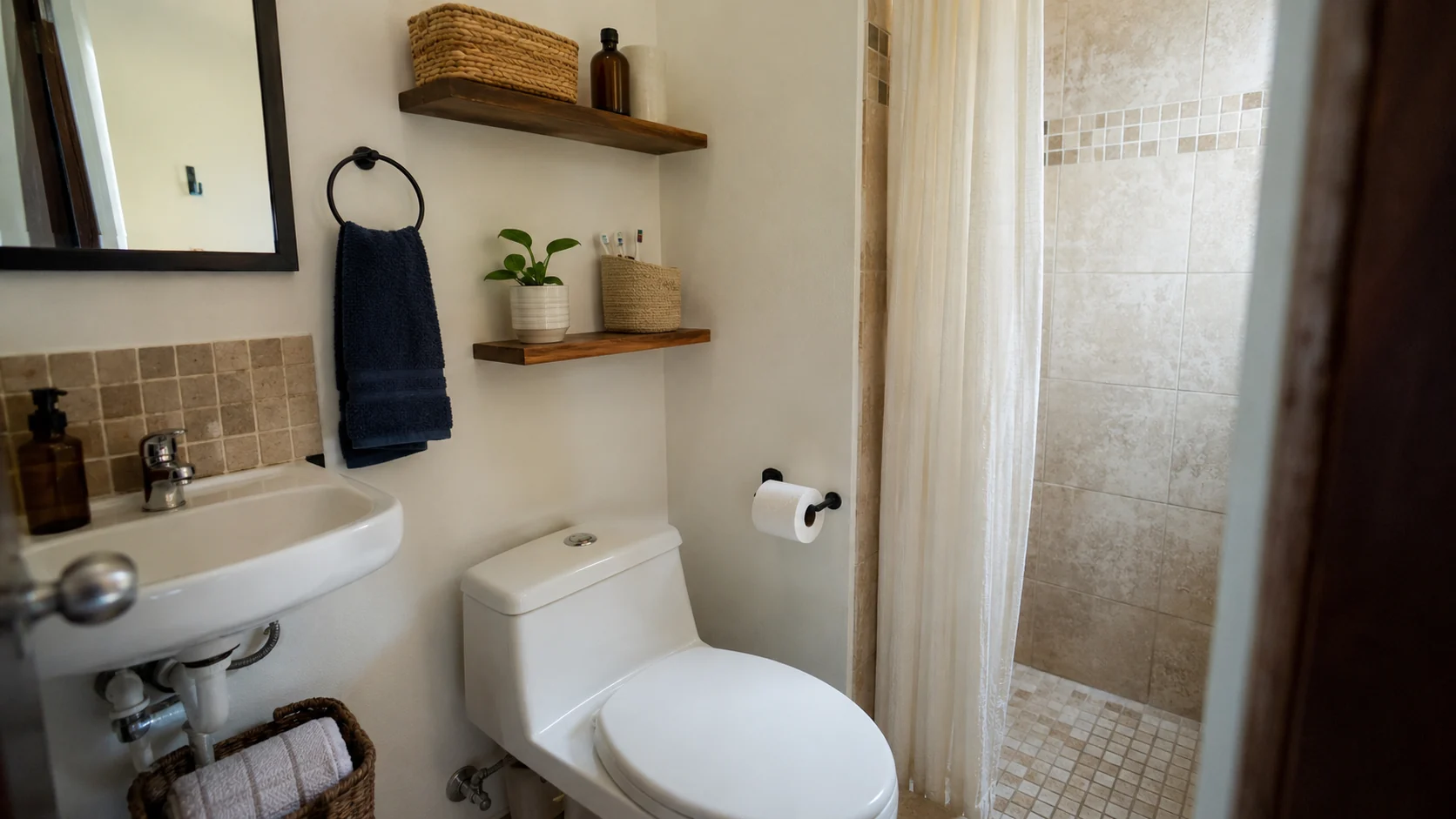 Baño pequeño sin muebles organizado con soluciones simples y visibles