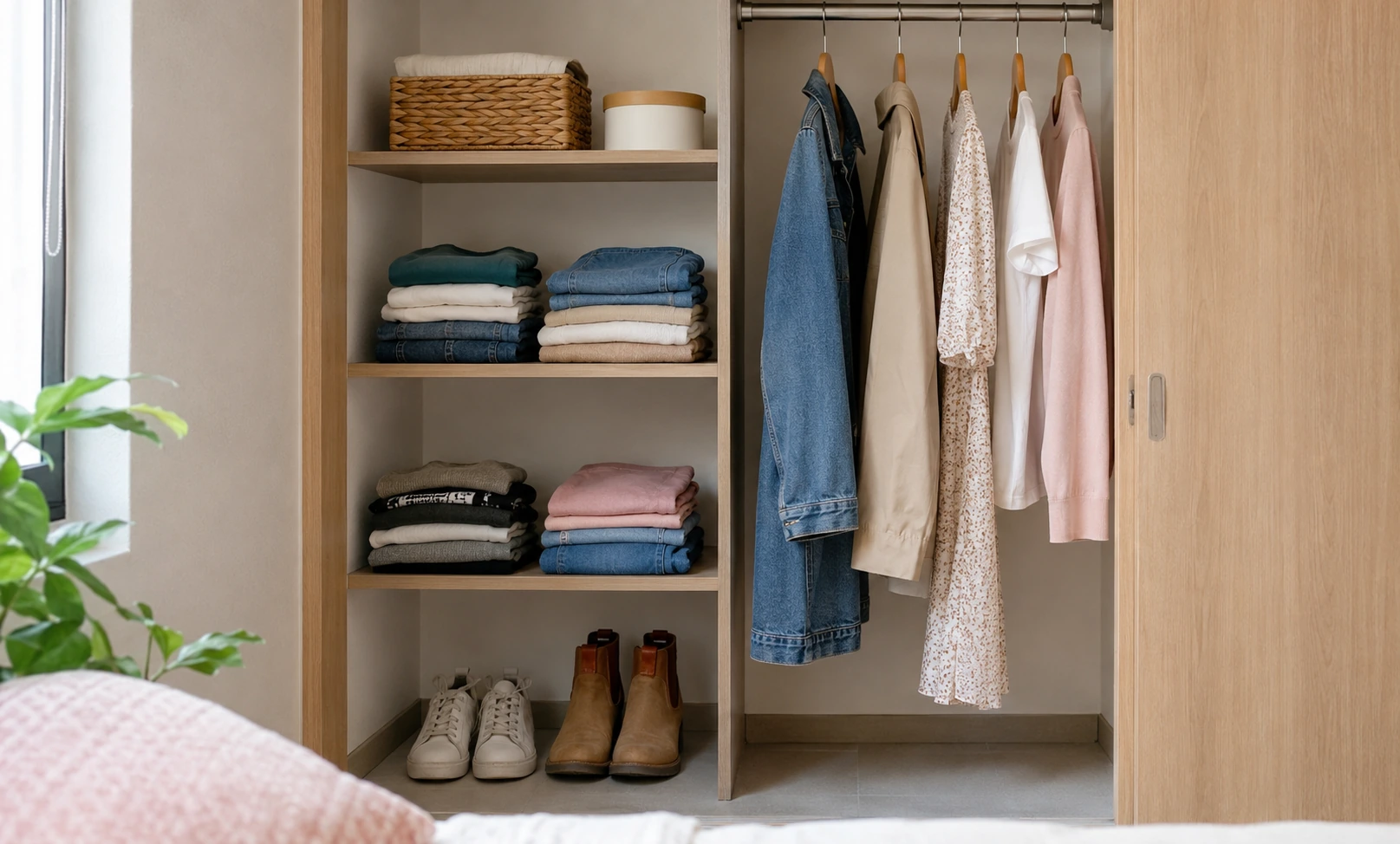 Clóset pequeño sin cajones organizado con ropa doblada y barra despejada