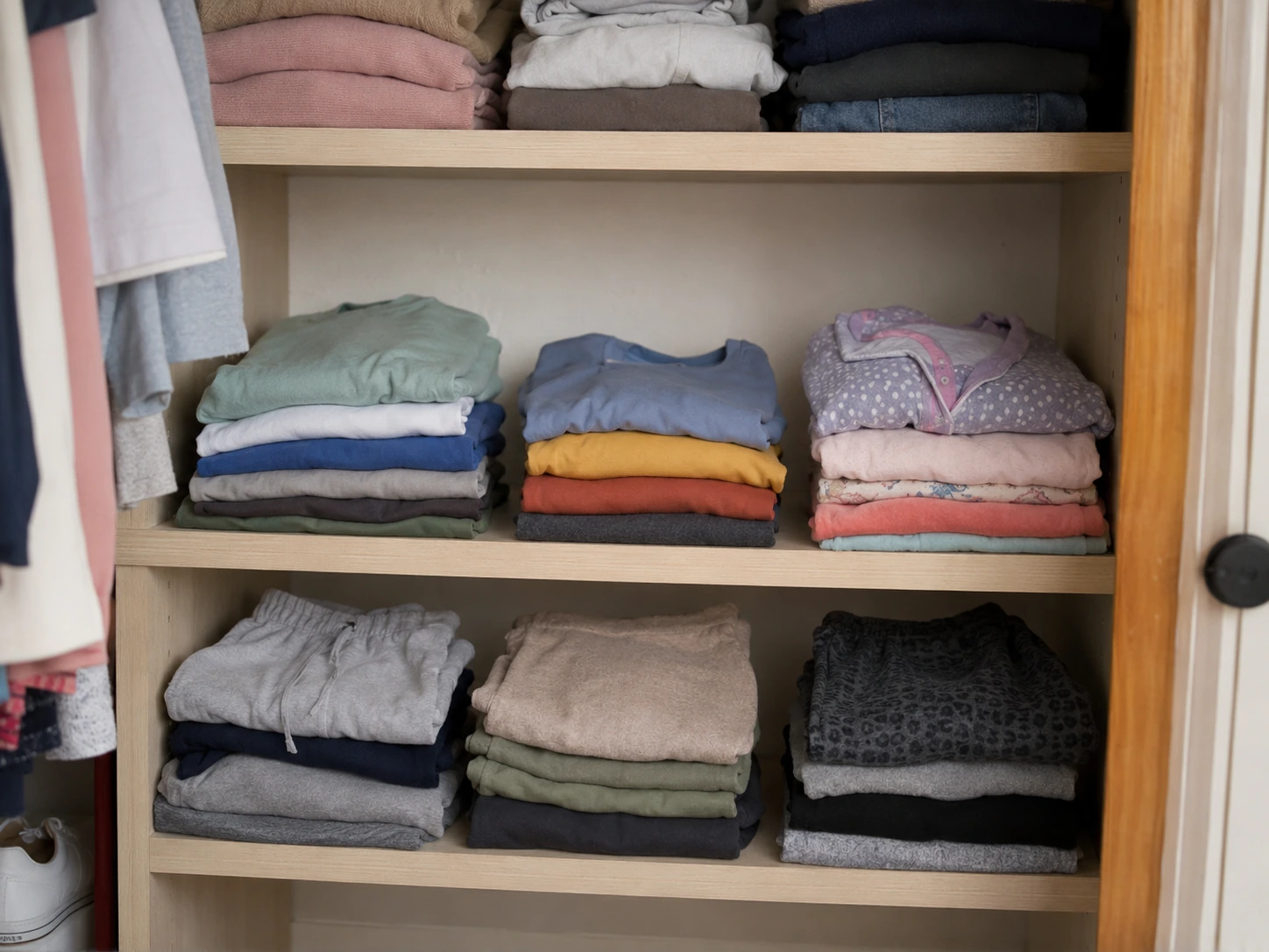 Ropa doblada organizada en un clóset pequeño sin cajones