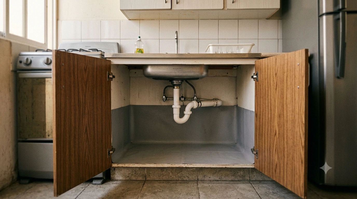 Mueble bajo tarja vacío para revisar humedad, fugas y objetos olvidados