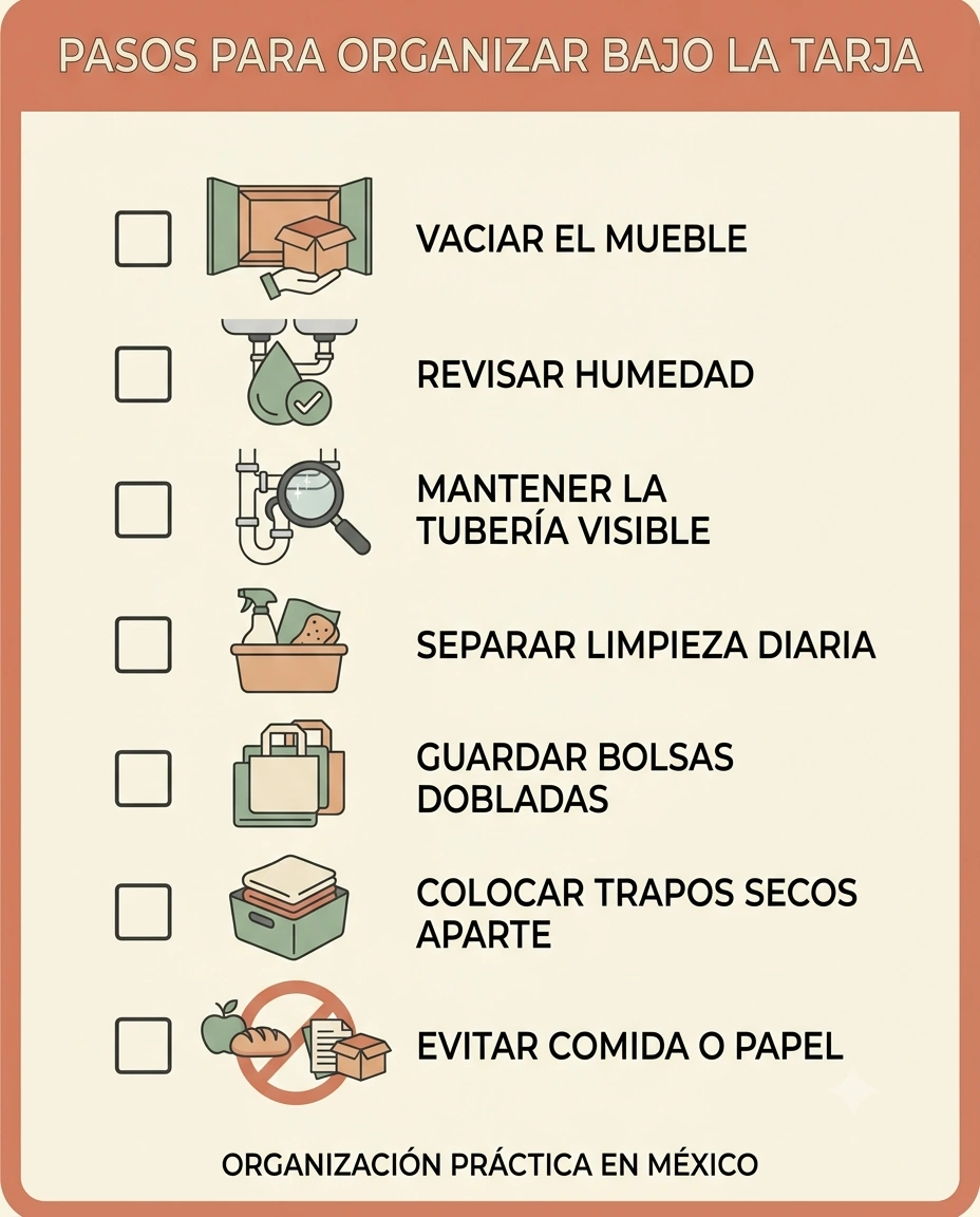 Checklist visual para organizar debajo de la tarja en una cocina pequeña