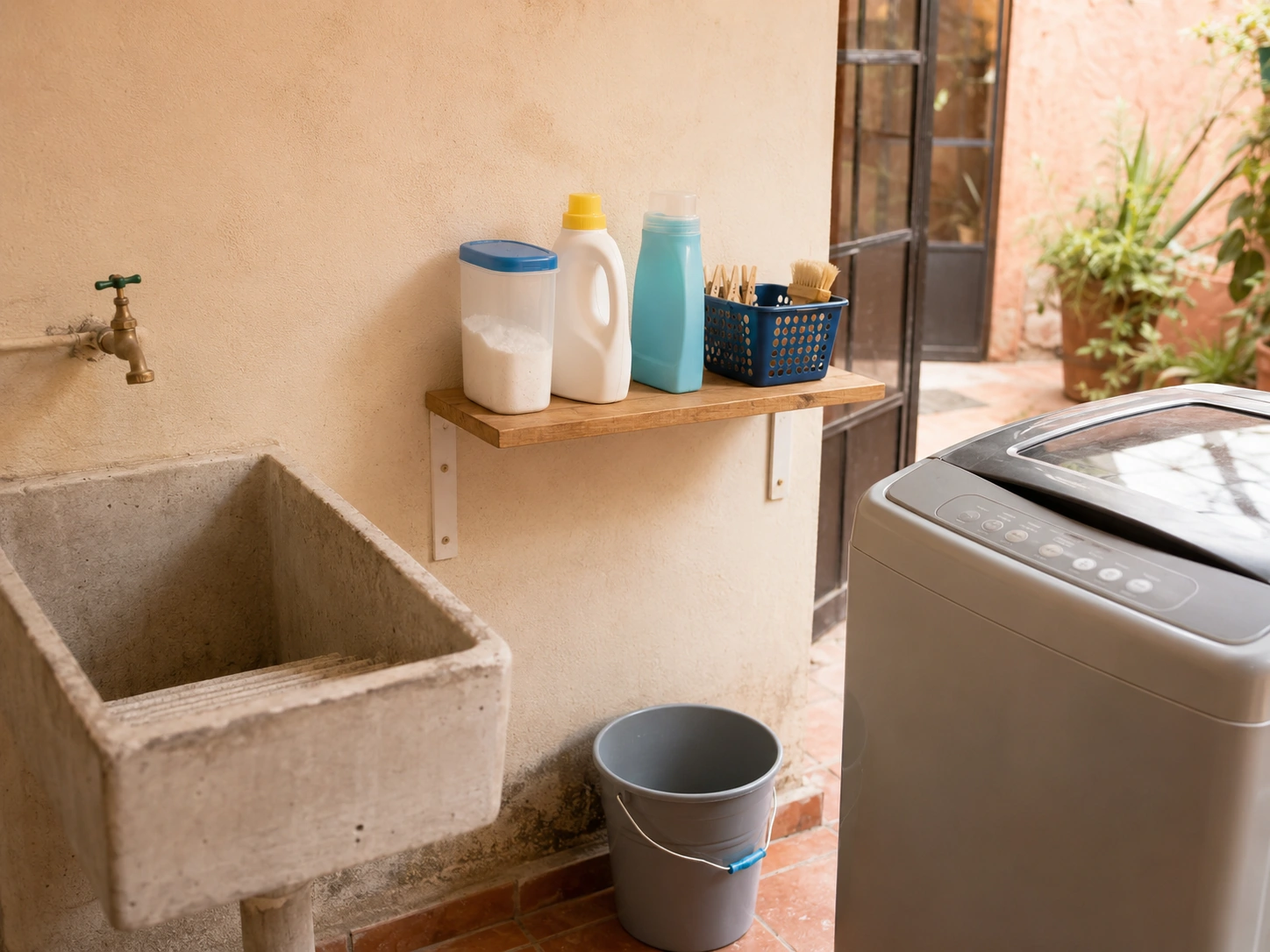 Productos básicos organizados en una zona de lavado pequeña