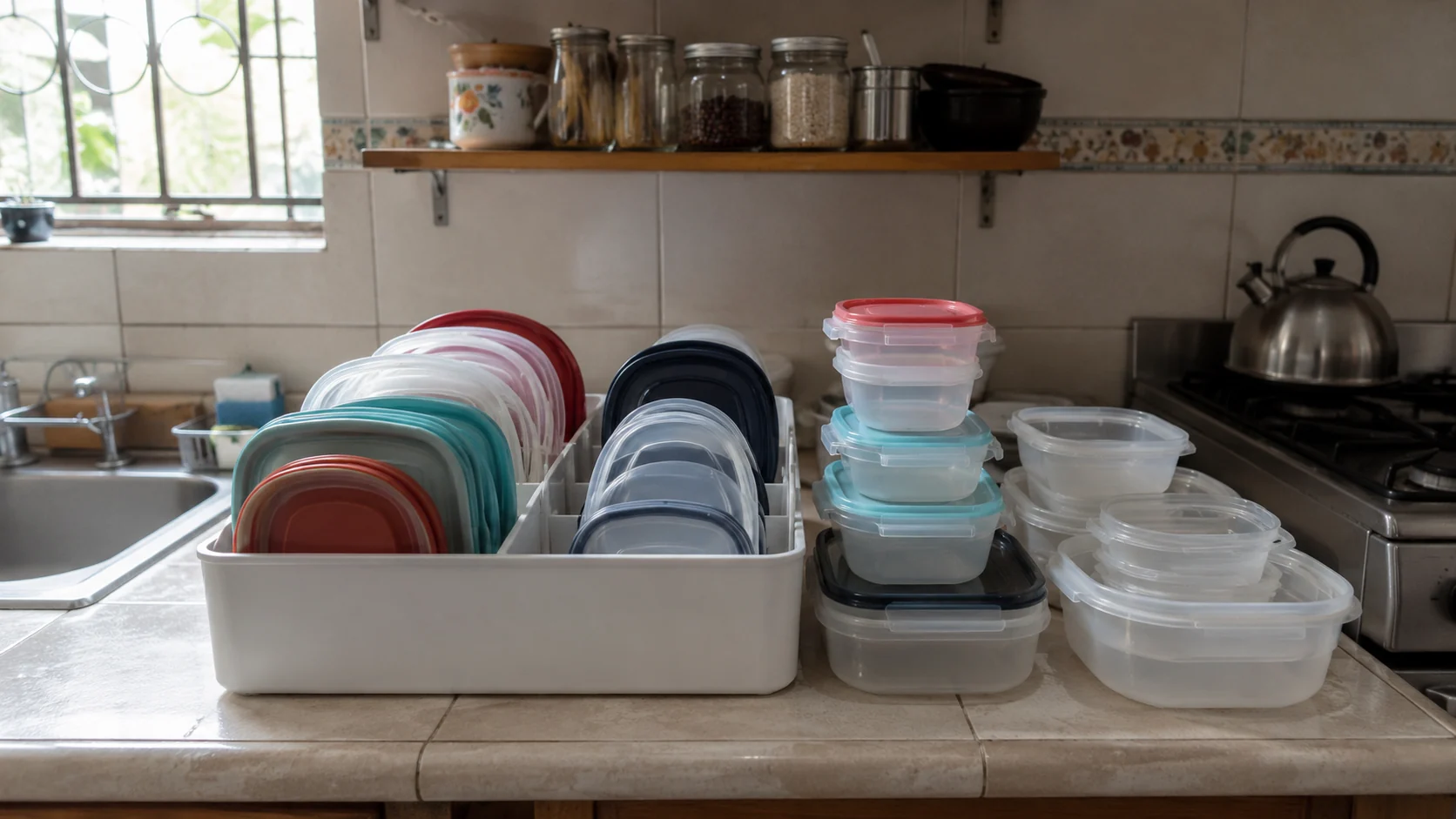 Tapas de tuppers organizadas por tamaño en una cocina pequeña